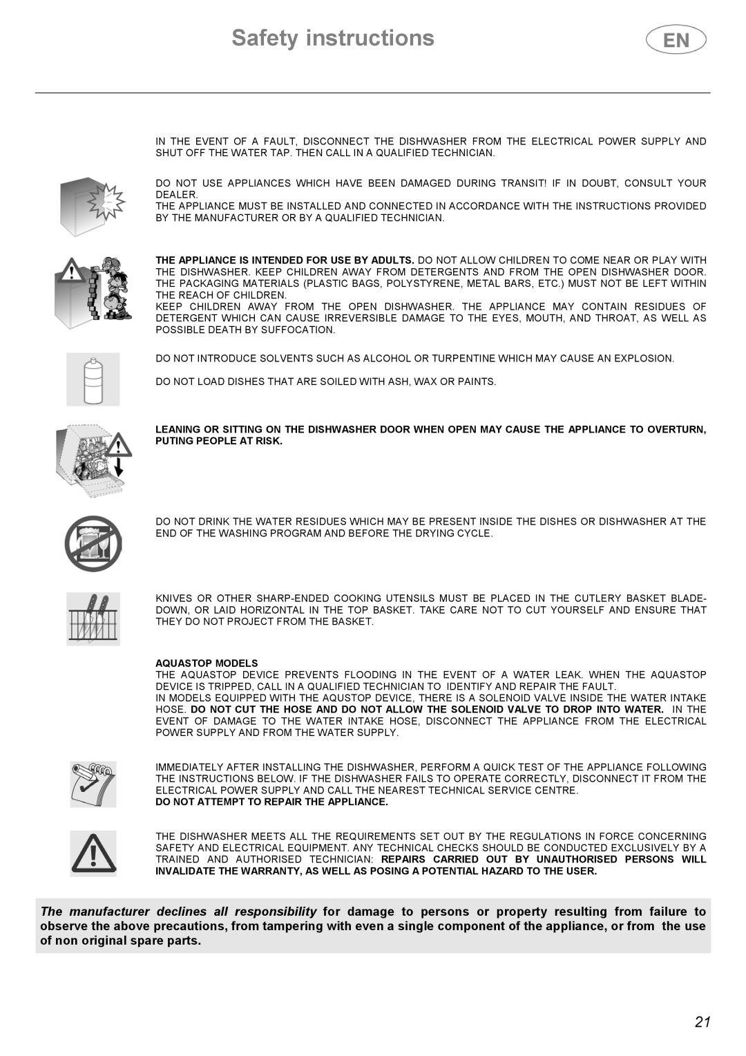 Smeg ST1107S, ST1105 instruction manual Aquastop Models 