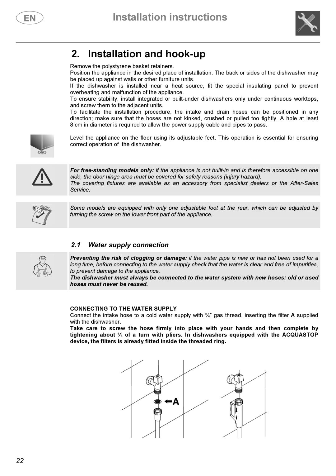 Smeg ST1107S, ST1105 instruction manual Water supply connection, Connecting to the Water Supply 