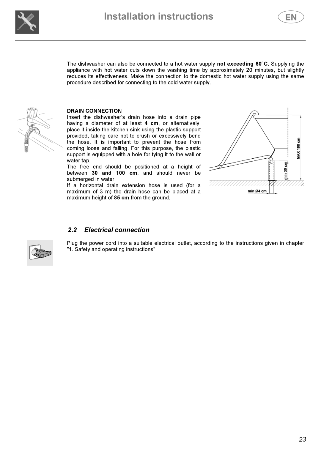 Smeg ST1105, ST1107S instruction manual Electrical connection, Drain Connection 