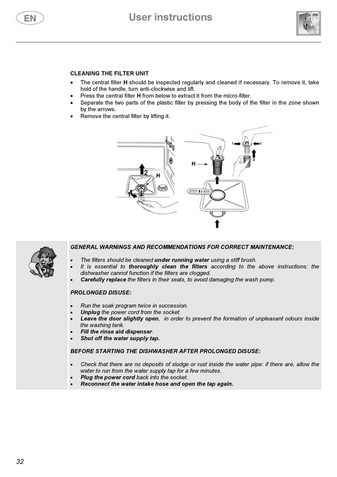 Smeg ST1105, ST1107S instruction manual Cleaning the Filter Unit, Prolonged Disuse 