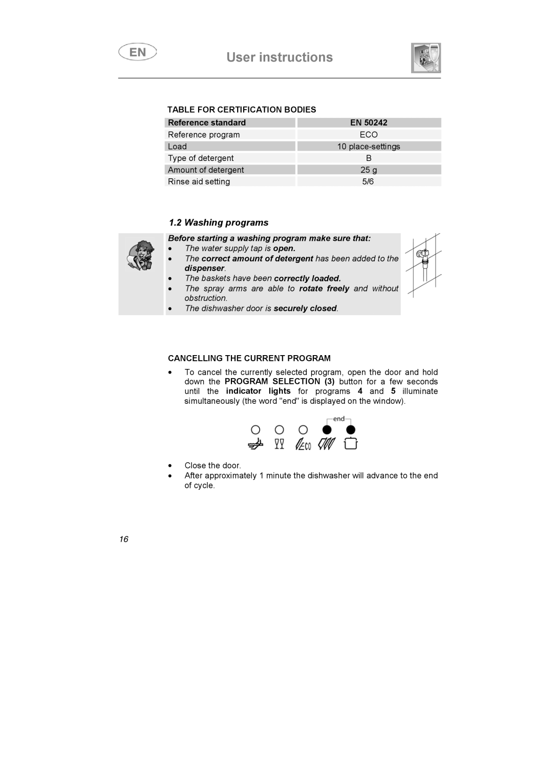 Smeg ST1107S, ST1105 instruction manual Washing programs 