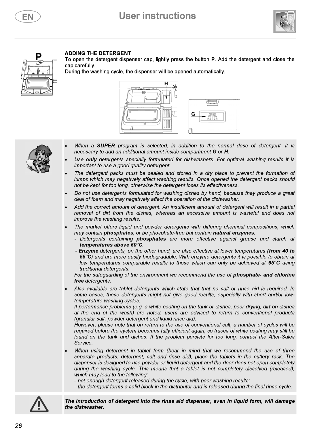 Smeg ST1105, ST1107S instruction manual User instructions, Adding The Detergent 