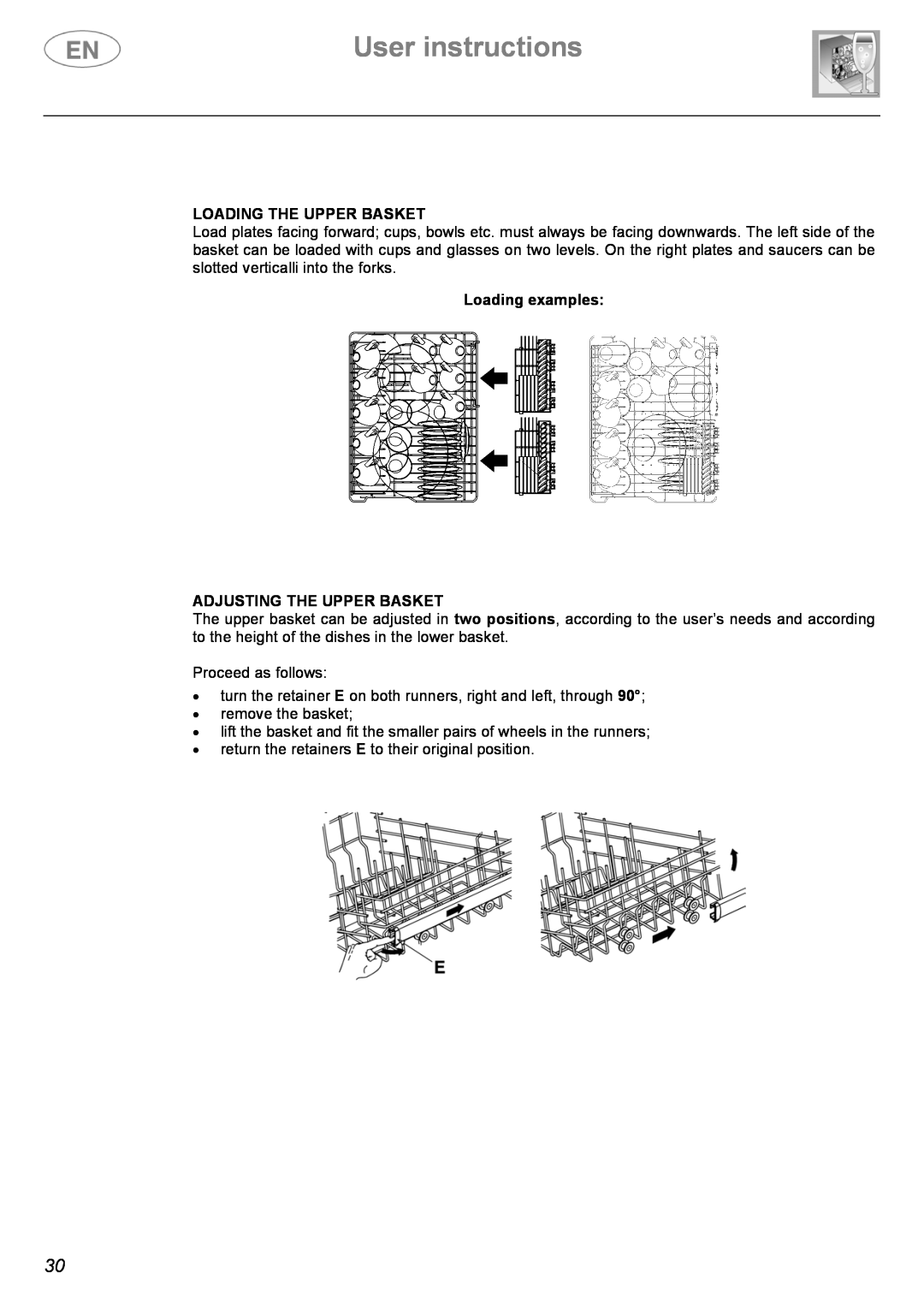 Smeg ST1107S, ST1105 User instructions, Loading The Upper Basket, Loading examples ADJUSTING THE UPPER BASKET 