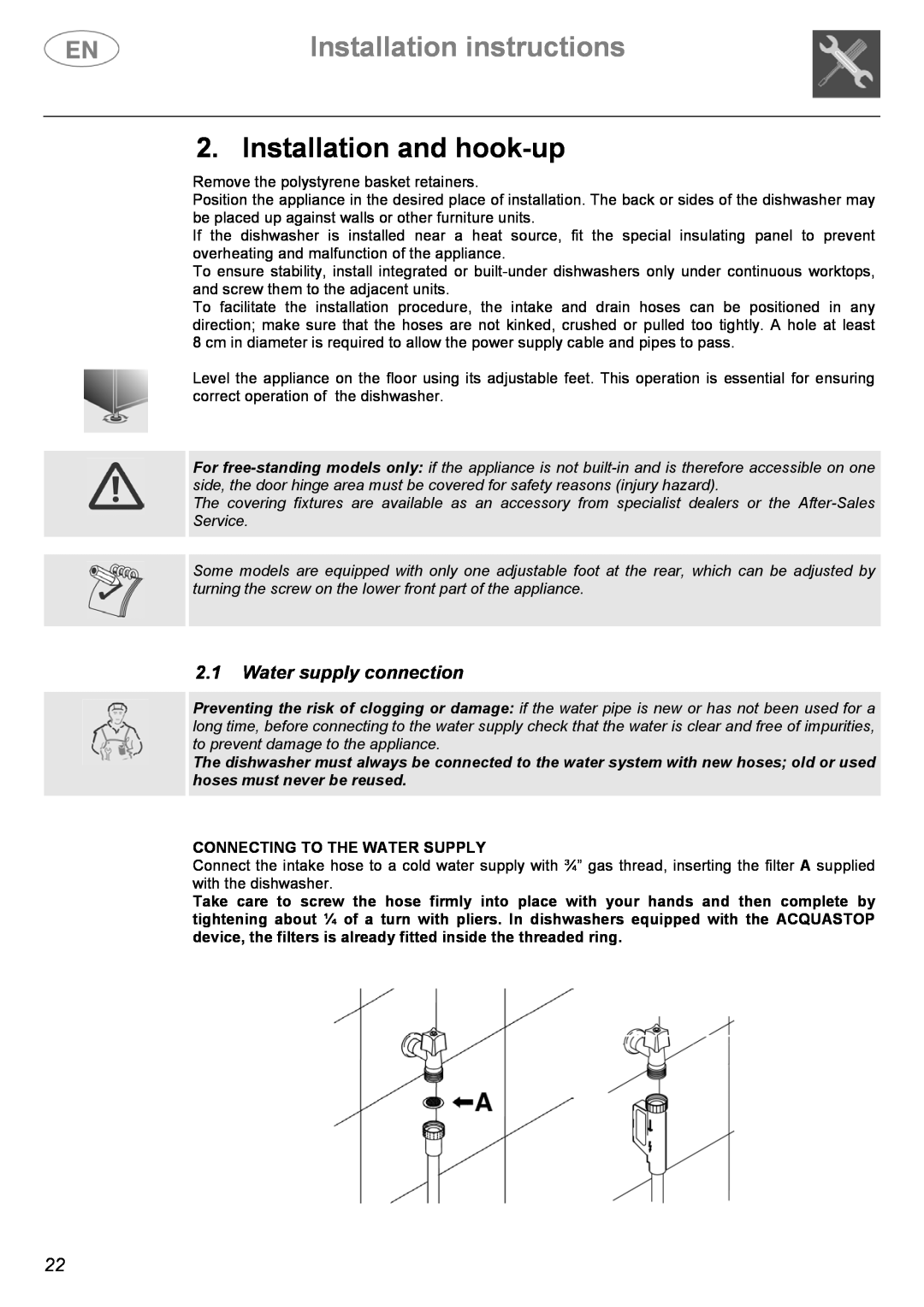 Smeg ST1108S instruction manual Installation instructions, Installation and hook-up, 2.1Water supply connection 