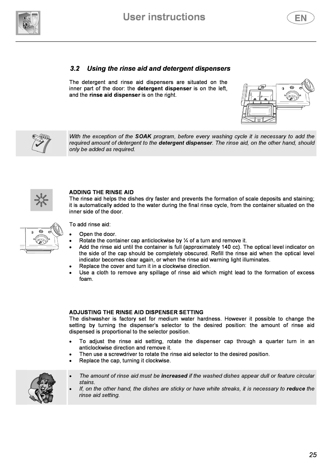 Smeg ST1108S instruction manual User instructions, 3.2Using the rinse aid and detergent dispensers, Adding The Rinse Aid 