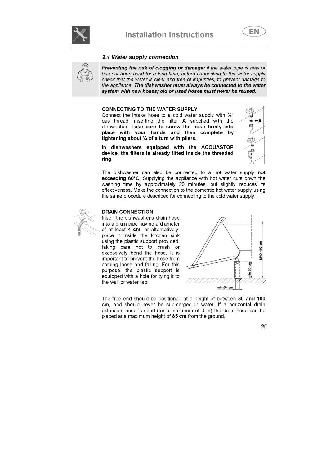 Smeg ST1124S-1 instruction manual Water supply connection, Connecting to the Water Supply, Drain Connection 