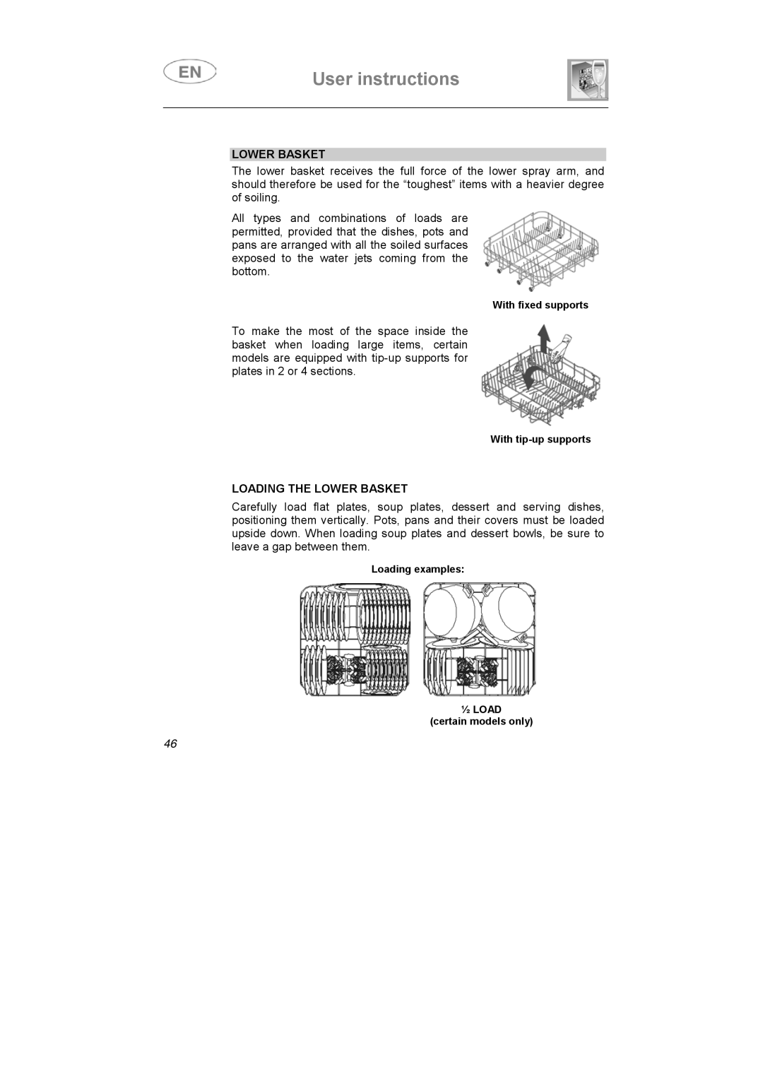 Smeg ST1124S-1 instruction manual Loading the Lower Basket, ½ Load 