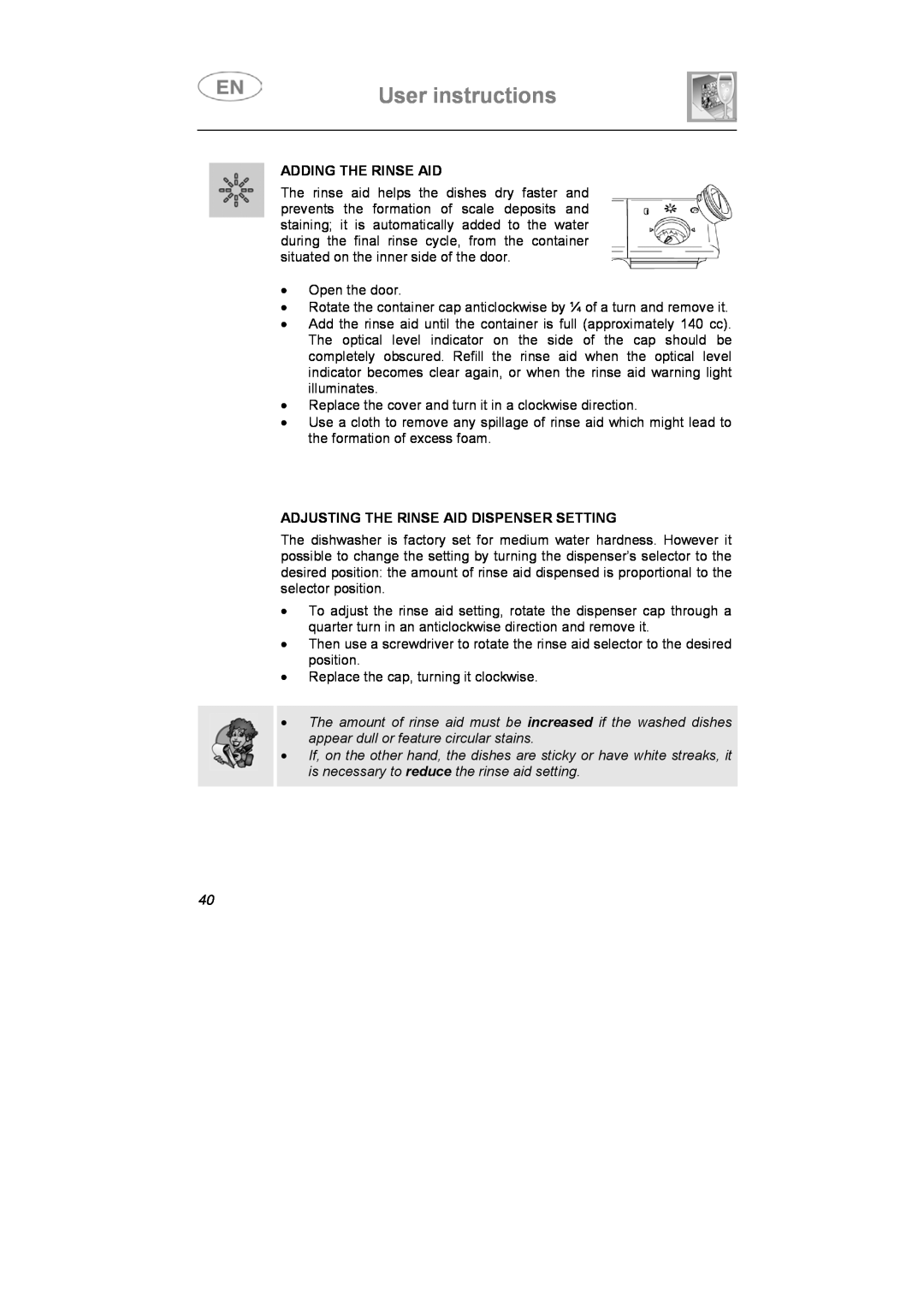Smeg ST1124S-1 instruction manual User instructions, Adding The Rinse Aid, Adjusting The Rinse Aid Dispenser Setting 