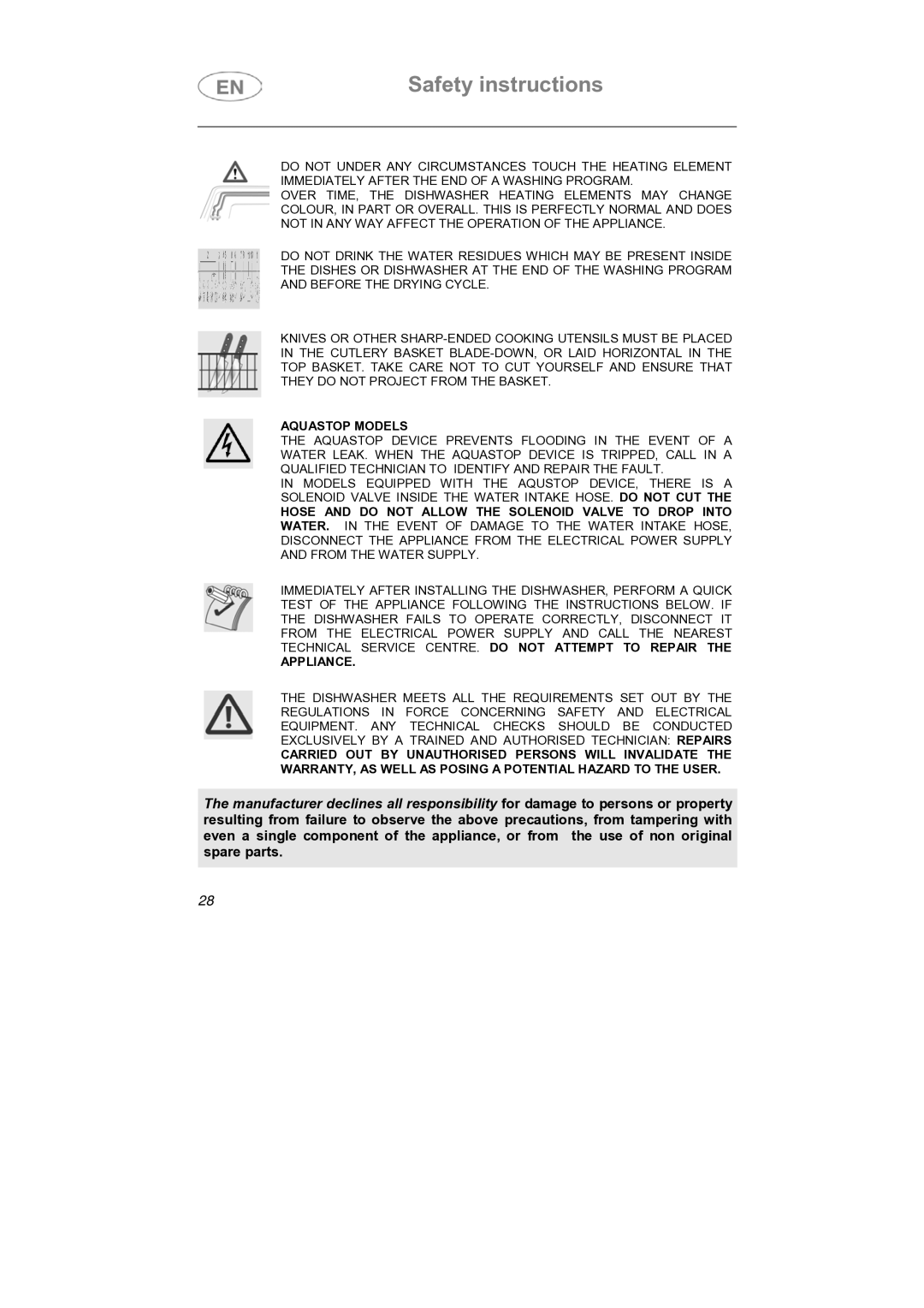 Smeg ST1144S instruction manual Aquastop Models 