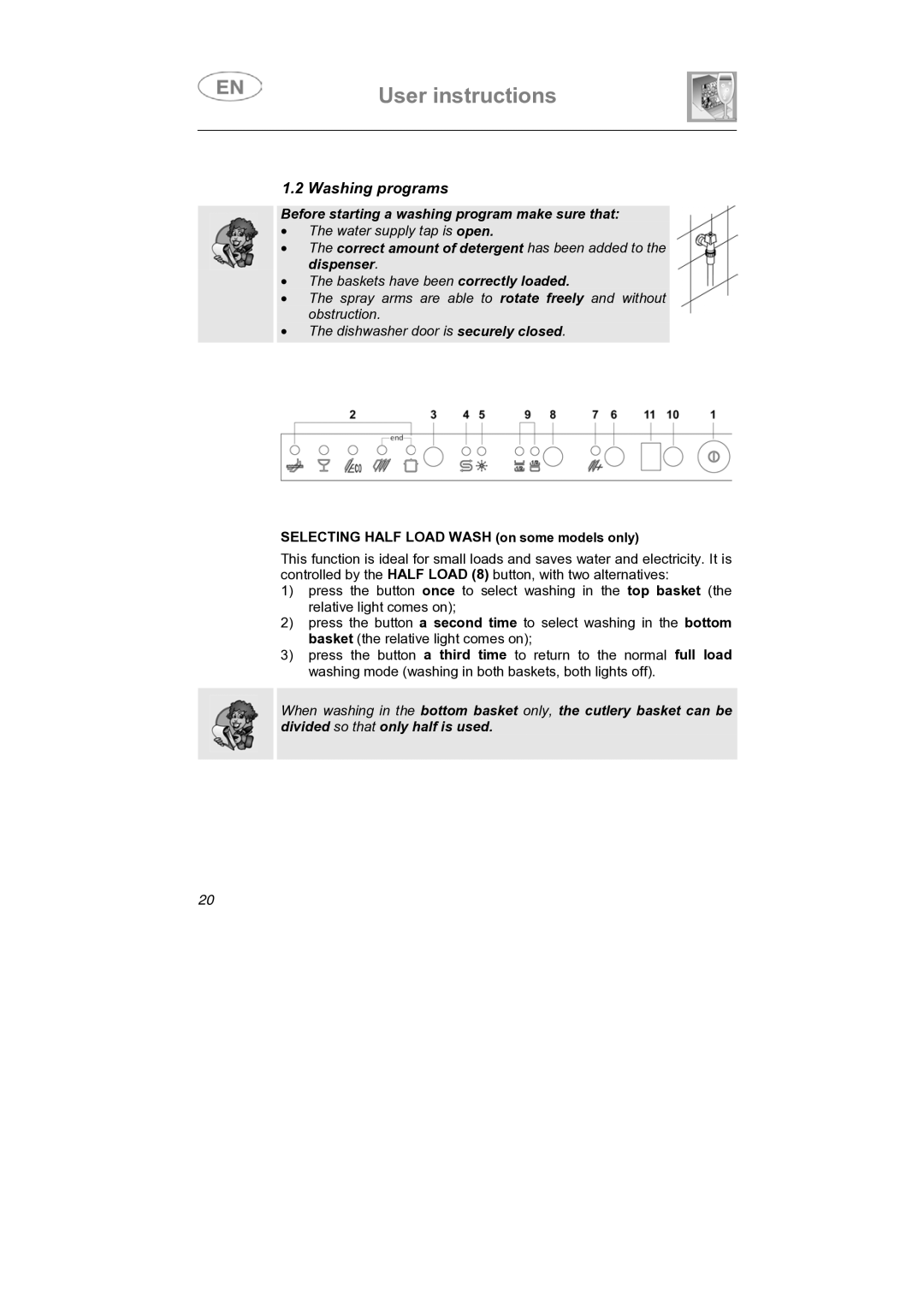 Smeg ST1144S instruction manual Washing programs, Selecting Half Load Wash on some models only 