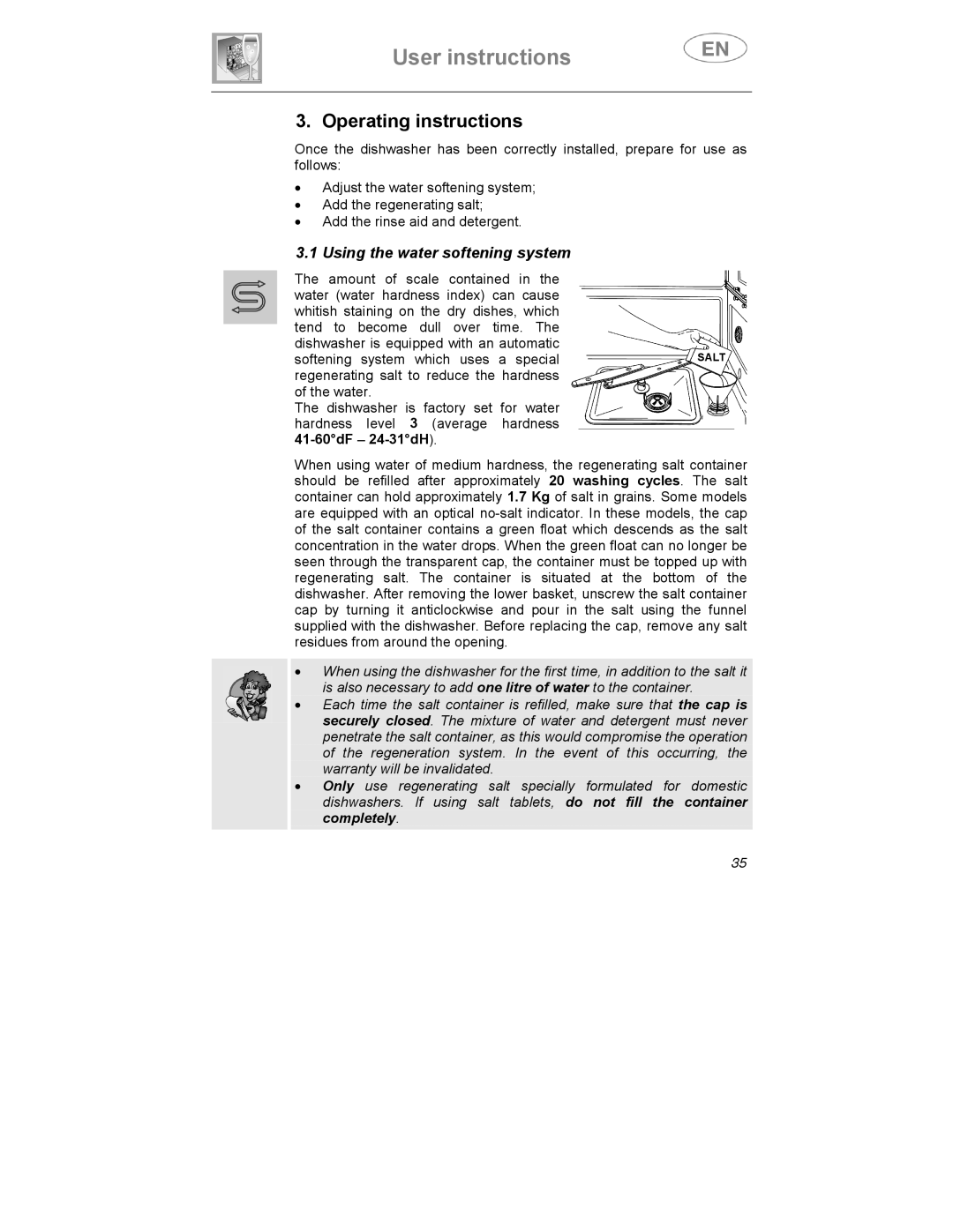 Smeg ST1146SE manual Operating instructions, Using the water softening system 