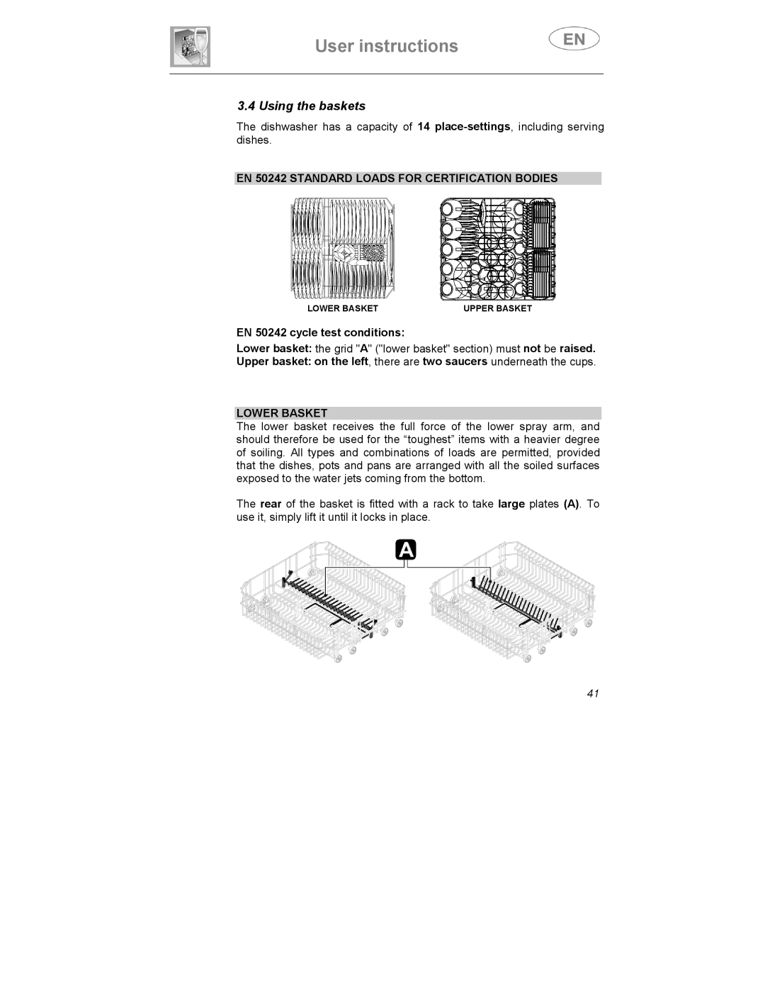 Smeg ST1146SE manual Using the baskets, EN 50242 Standard Loads for Certification Bodies, EN 50242 cycle test conditions 