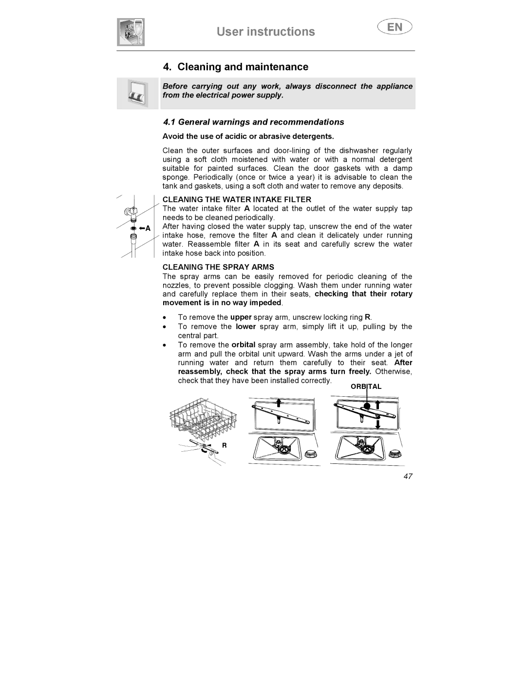 Smeg ST1146SE Cleaning and maintenance, Avoid the use of acidic or abrasive detergents, Cleaning the Water Intake Filter 