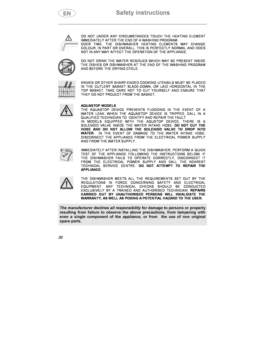 Smeg ST1146SE manual Safety instructions, Aquastop Models, Appliance 