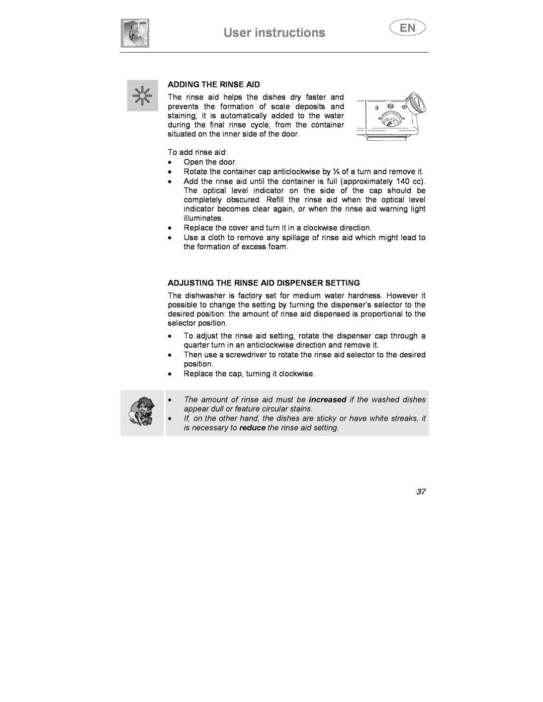 Smeg ST1146SE manual Adding The Rinse Aid, Adjusting The Rinse Aid Dispenser Setting, User instructions 