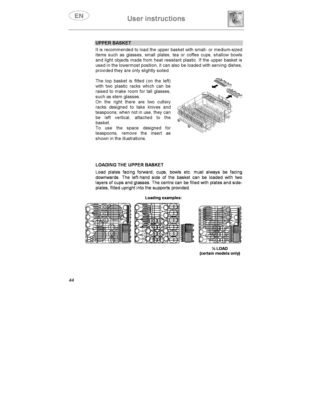Smeg ST1146SE manual Loading The Upper Basket, User instructions 