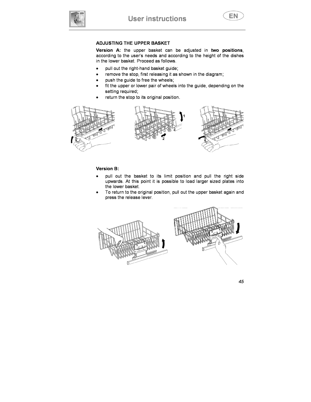 Smeg ST1146SE manual Adjusting The Upper Basket, Version B, User instructions 