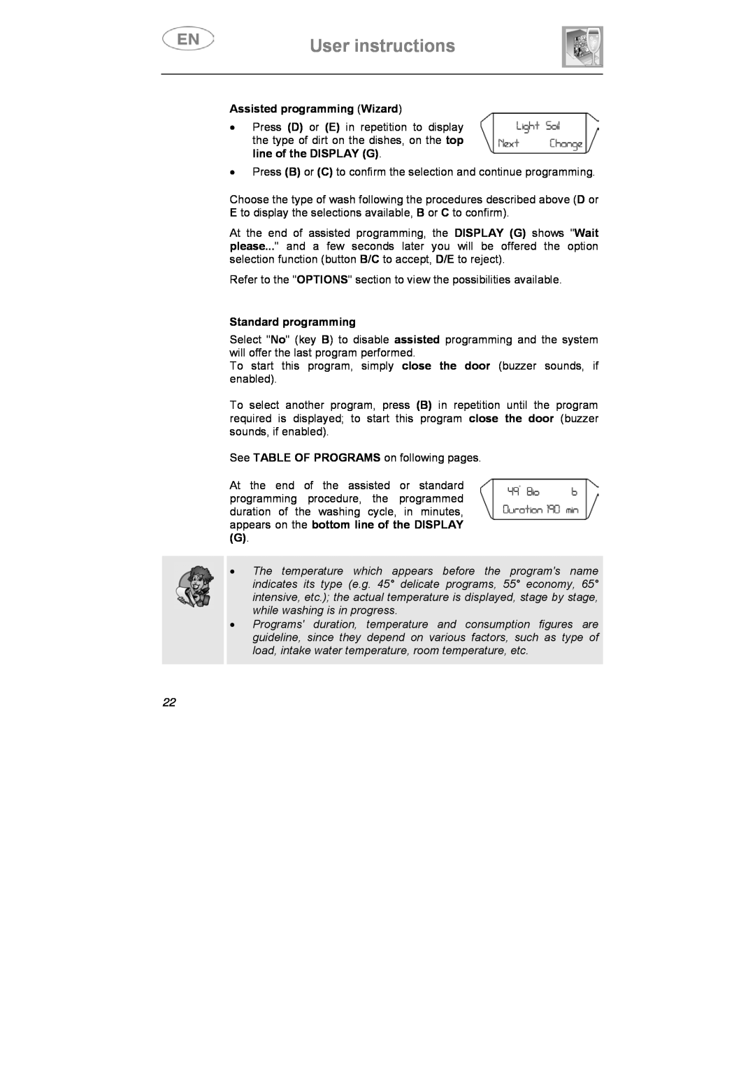 Smeg ST1146SE manual Assisted programming Wizard, Standard programming, User instructions 