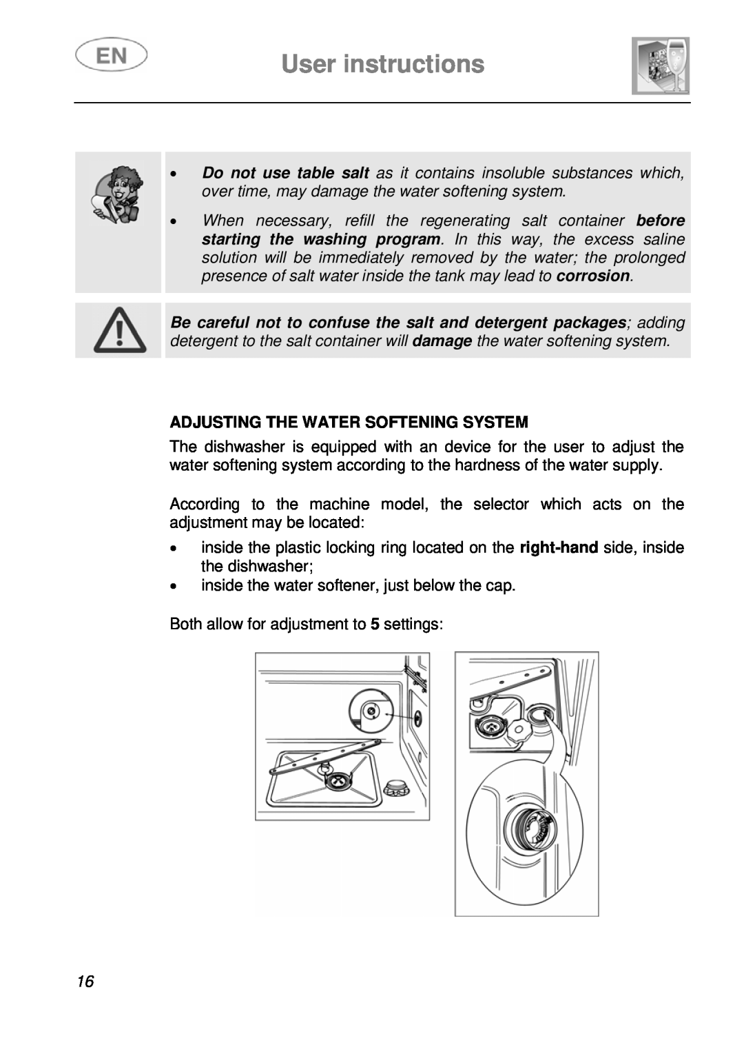 Smeg ST115S instruction manual User instructions, Adjusting The Water Softening System 