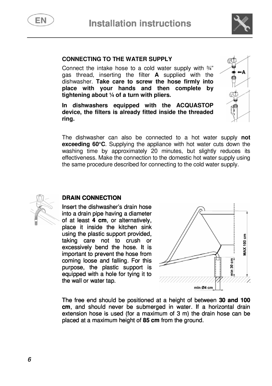 Smeg ST115S instruction manual Installation instructions, Connecting To The Water Supply, Drain Connection 