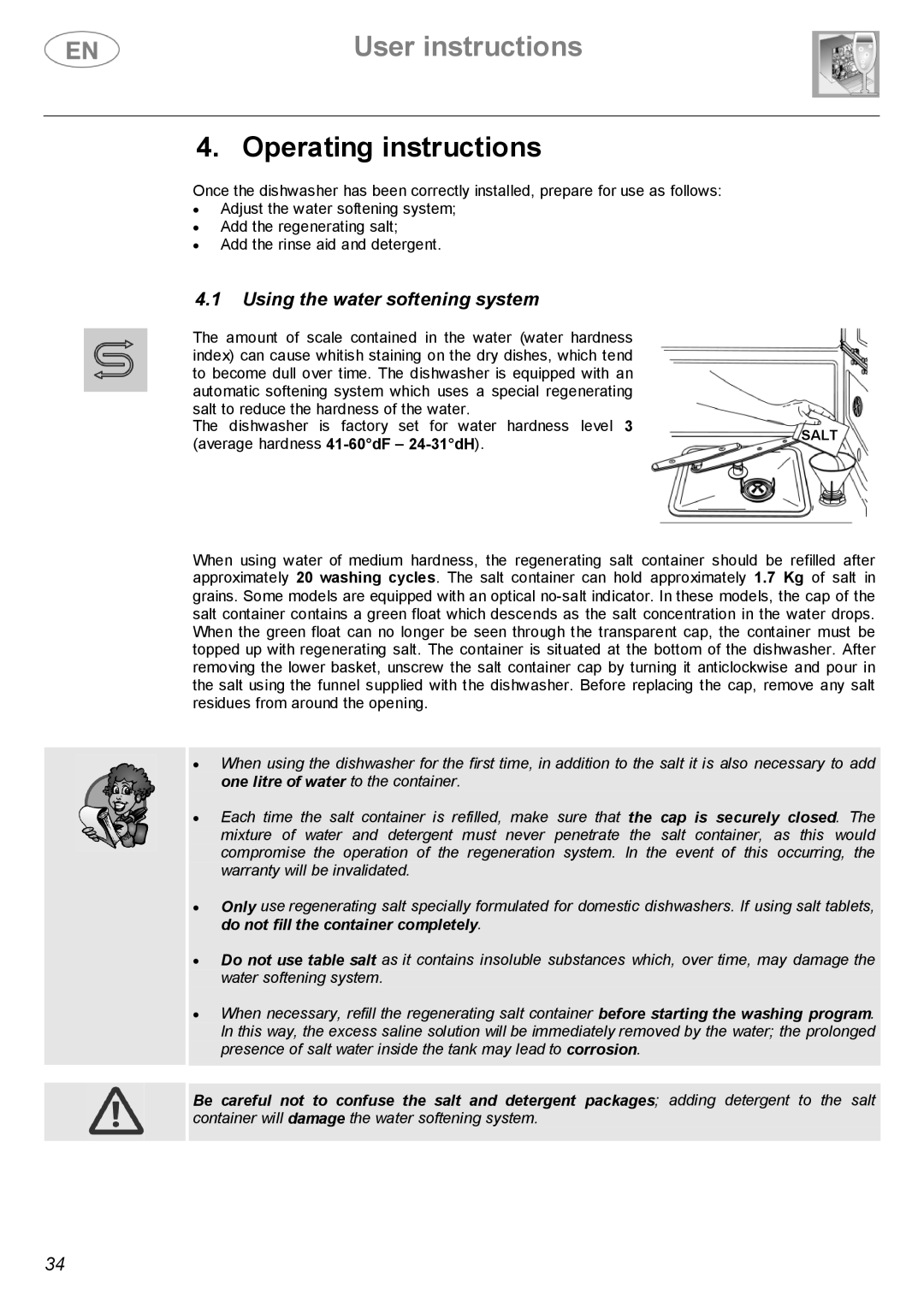 Smeg ST143 instruction manual Operating instructions, Using the water softening system 