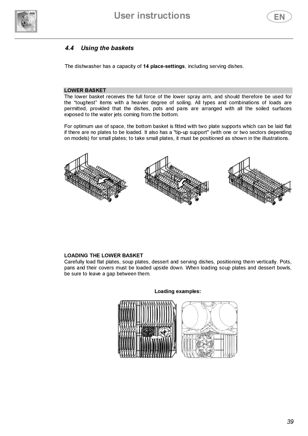 Smeg ST143 instruction manual Using the baskets, Loading the Lower Basket, Loading examples 