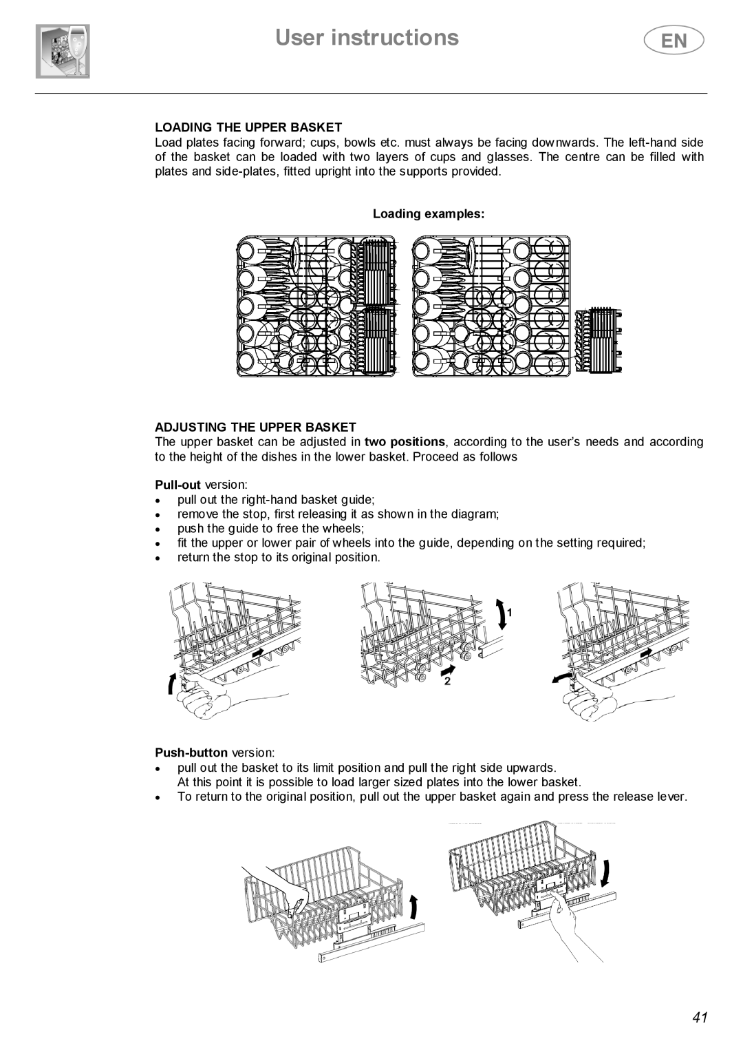 Smeg ST143 instruction manual Loading the Upper Basket, Adjusting the Upper Basket, Pull-out version, Push-button version 