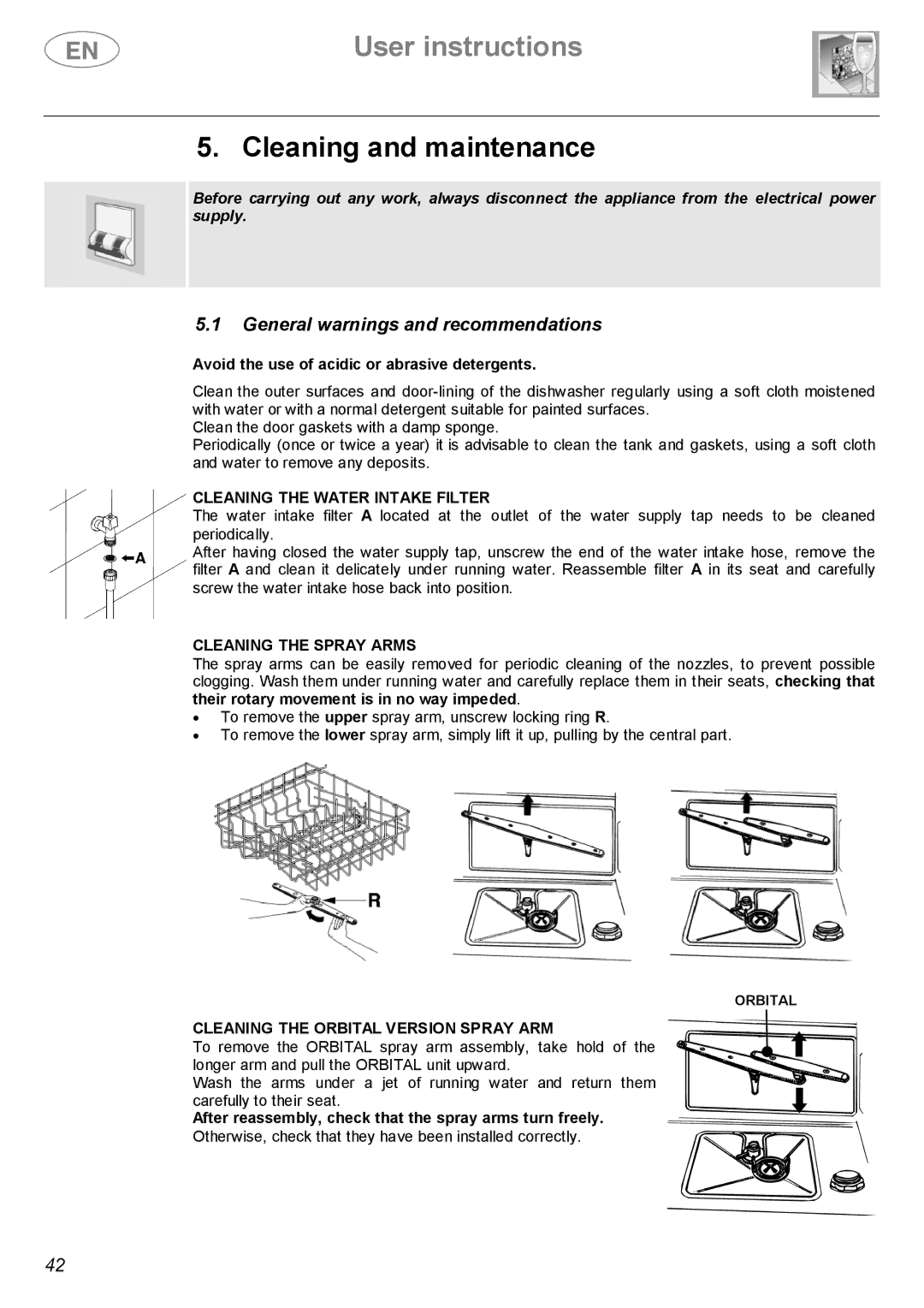 Smeg ST143 instruction manual Cleaning and maintenance, Cleaning the Water Intake Filter, Cleaning the Spray Arms 