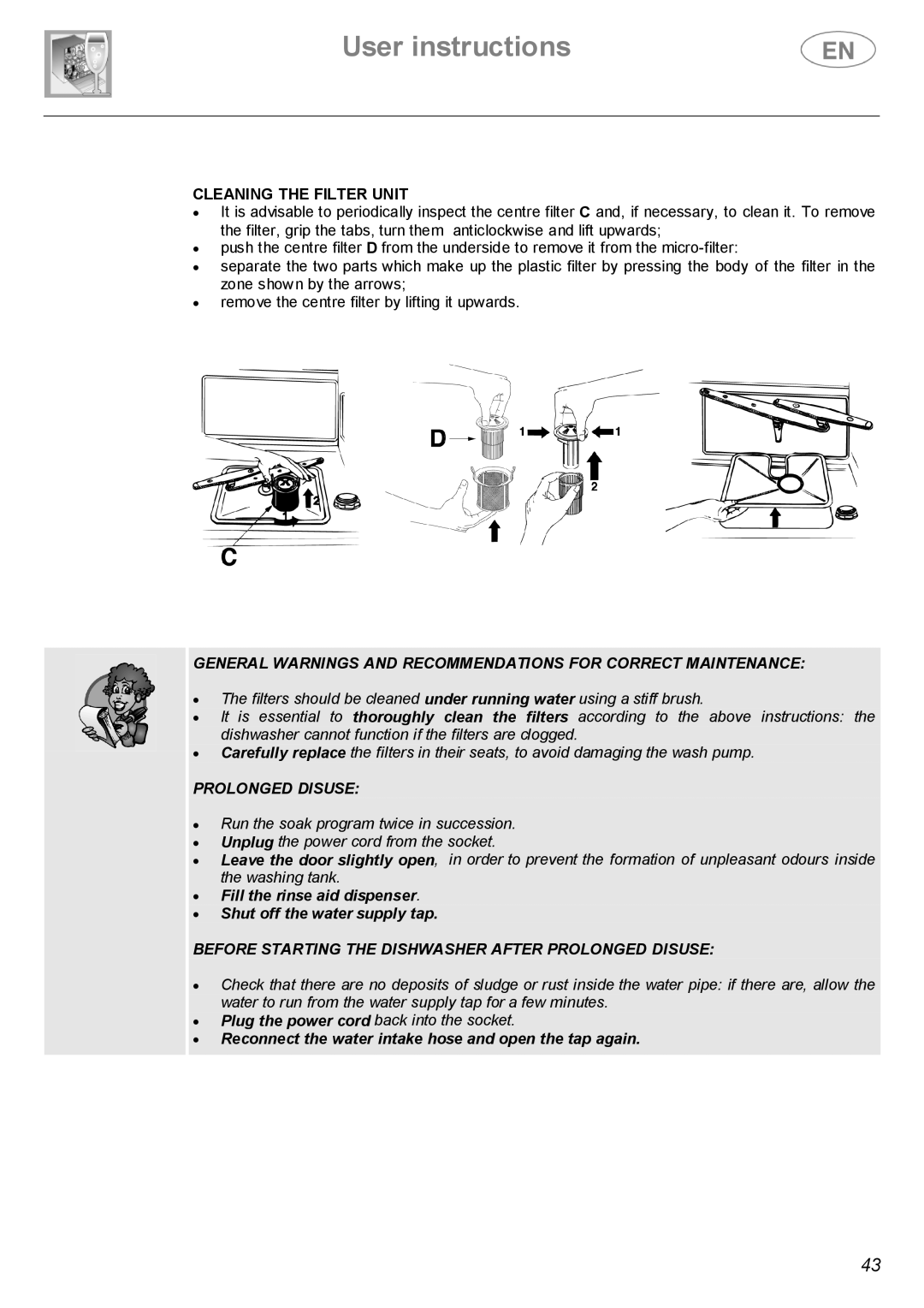 Smeg ST143 instruction manual Cleaning the Filter Unit, Prolonged Disuse 