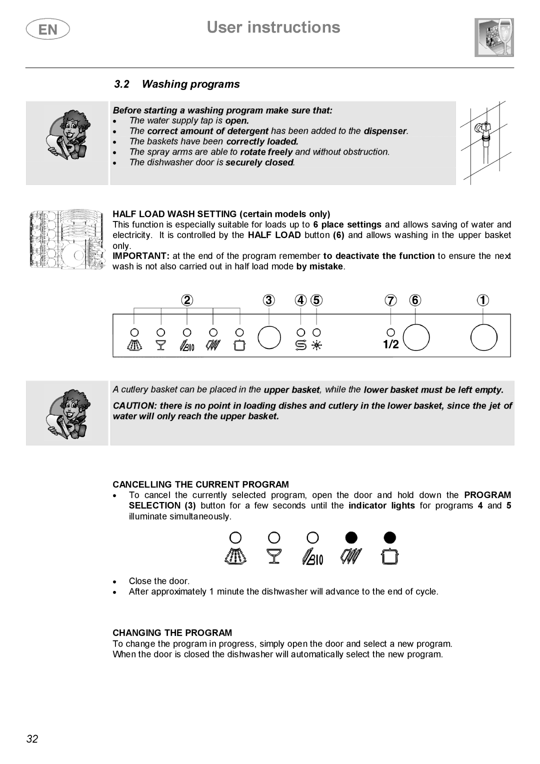 Smeg ST143 instruction manual Washing programs, Half Load Wash Setting certain models only, Cancelling the Current Program 