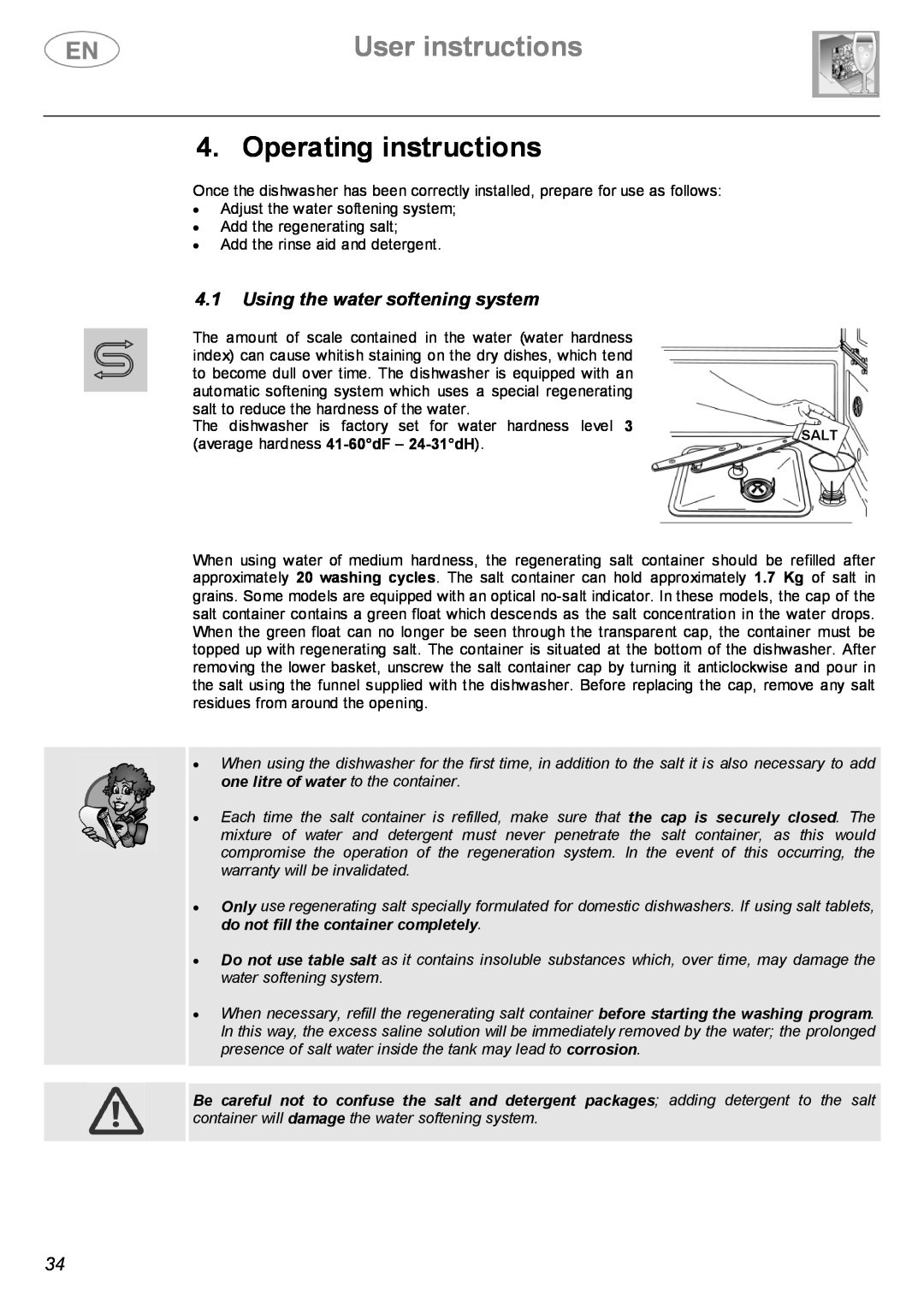 Smeg ST143 instruction manual Operating instructions, Using the water softening system, User instructions 