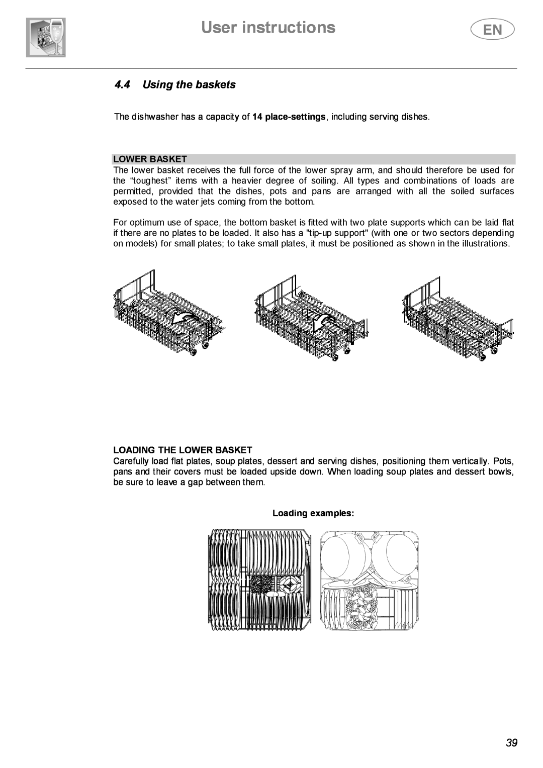 Smeg ST143 instruction manual Using the baskets, Loading The Lower Basket, Loading examples, User instructions 