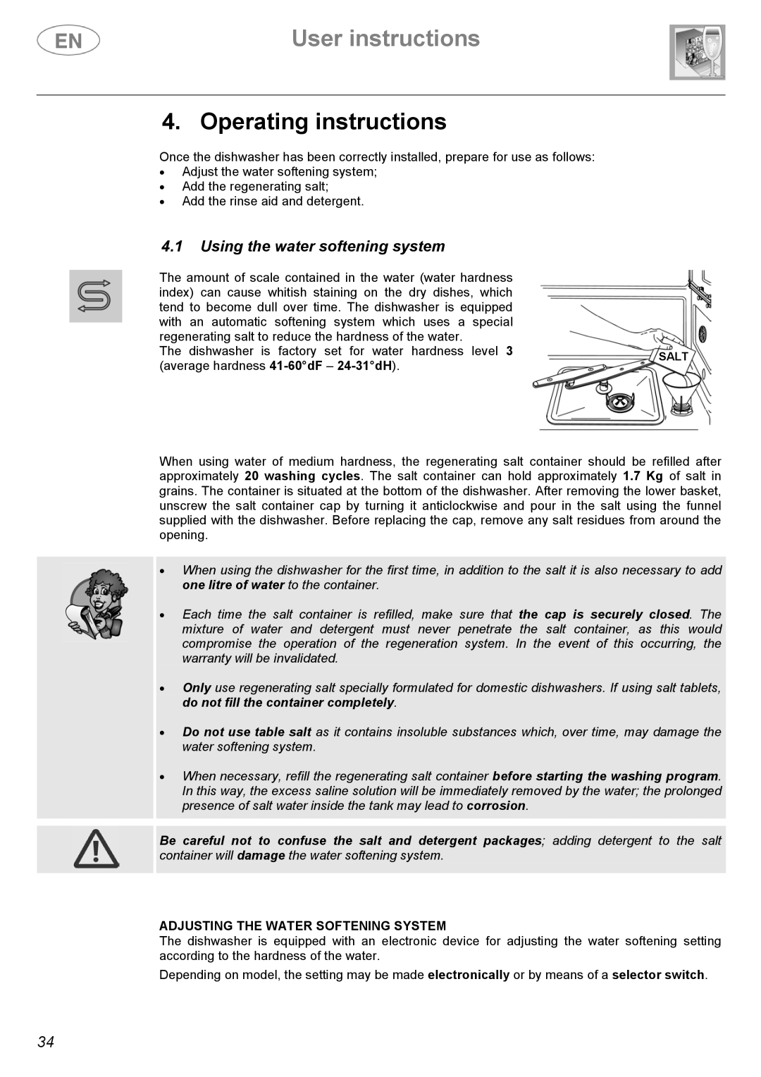 Smeg ST144 Operating instructions, Using the water softening system, Adjusting the Water Softening System 