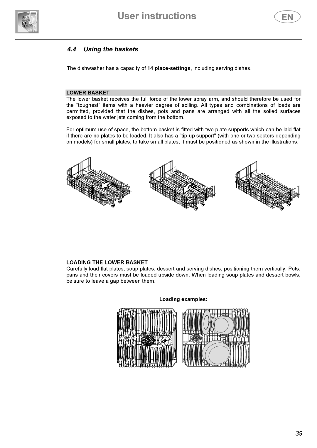 Smeg ST144 instruction manual Using the baskets, Loading the Lower Basket, Loading examples 