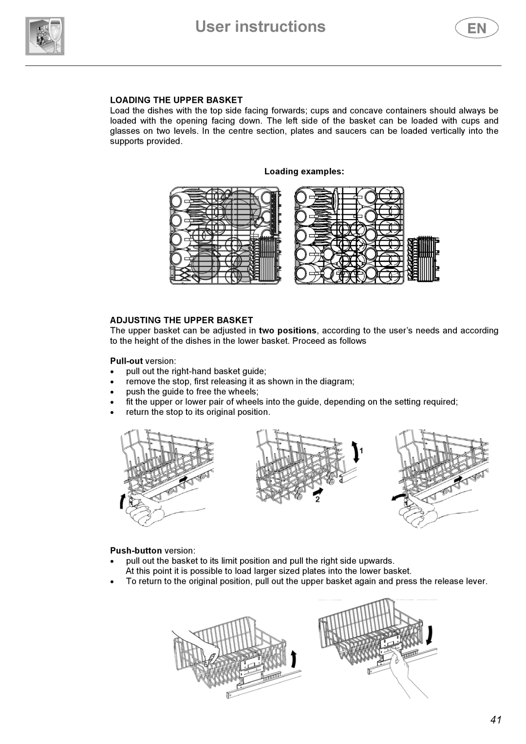 Smeg ST144 instruction manual Loading the Upper Basket, Adjusting the Upper Basket, Pull-out version, Push-button version 