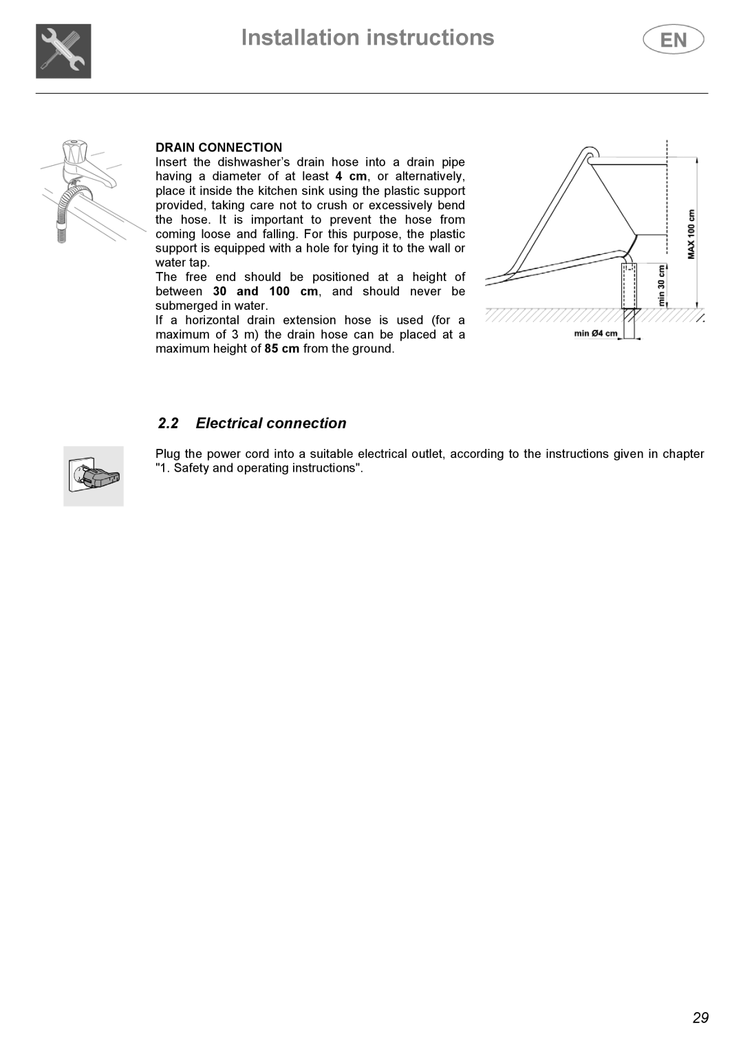 Smeg ST144 instruction manual Electrical connection, Drain Connection 