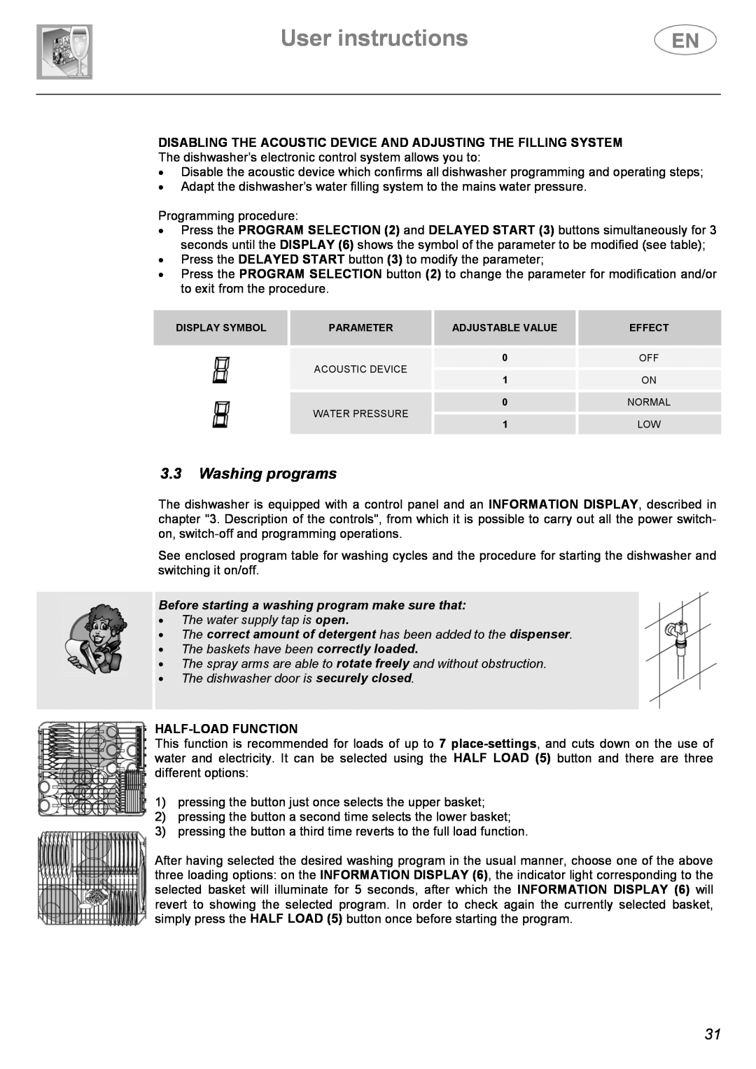 Smeg ST144 Washing programs, Before starting a washing program make sure that, Half-Load Function, User instructions 