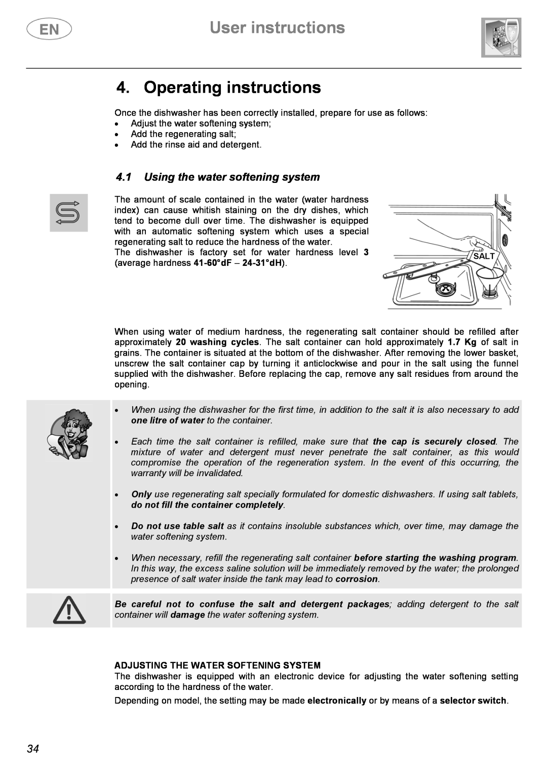 Smeg ST144 Operating instructions, Using the water softening system, Adjusting The Water Softening System 