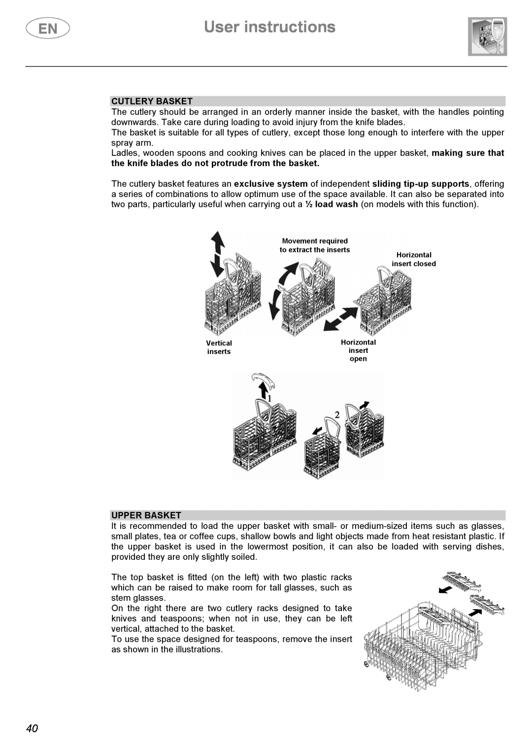 Smeg ST144 instruction manual Cutlery Basket, Upper Basket, User instructions 