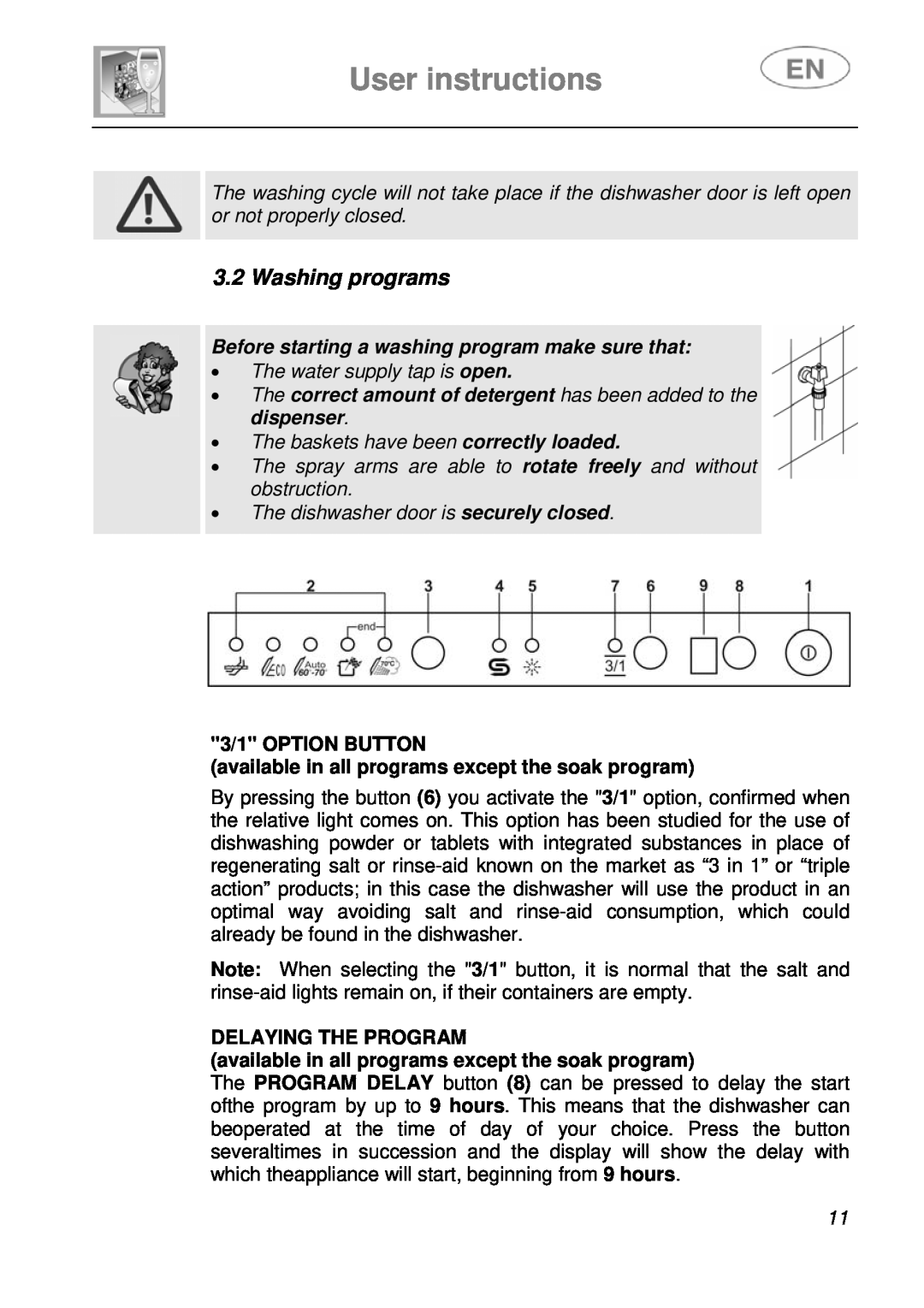 Smeg ST4108 manual Washing programs, User instructions, Before starting a washing program make sure that, 3/1 OPTION BUTTON 