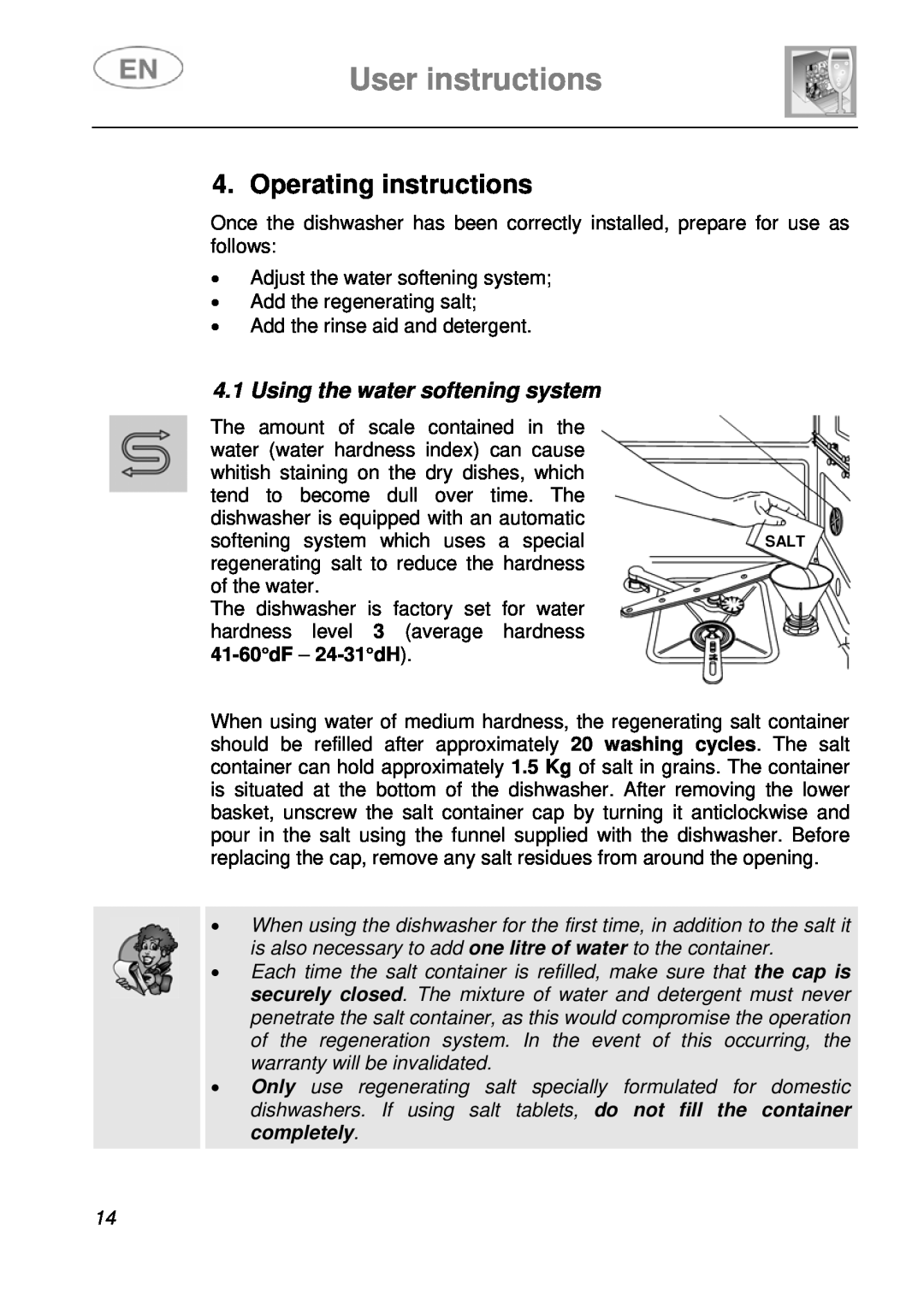 Smeg ST4108 manual Operating instructions, 4.1Using the water softening system, User instructions 