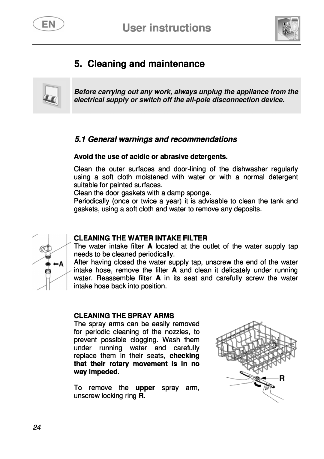 Smeg ST4108 Cleaning and maintenance, General warnings and recommendations, User instructions, Cleaning The Spray Arms 