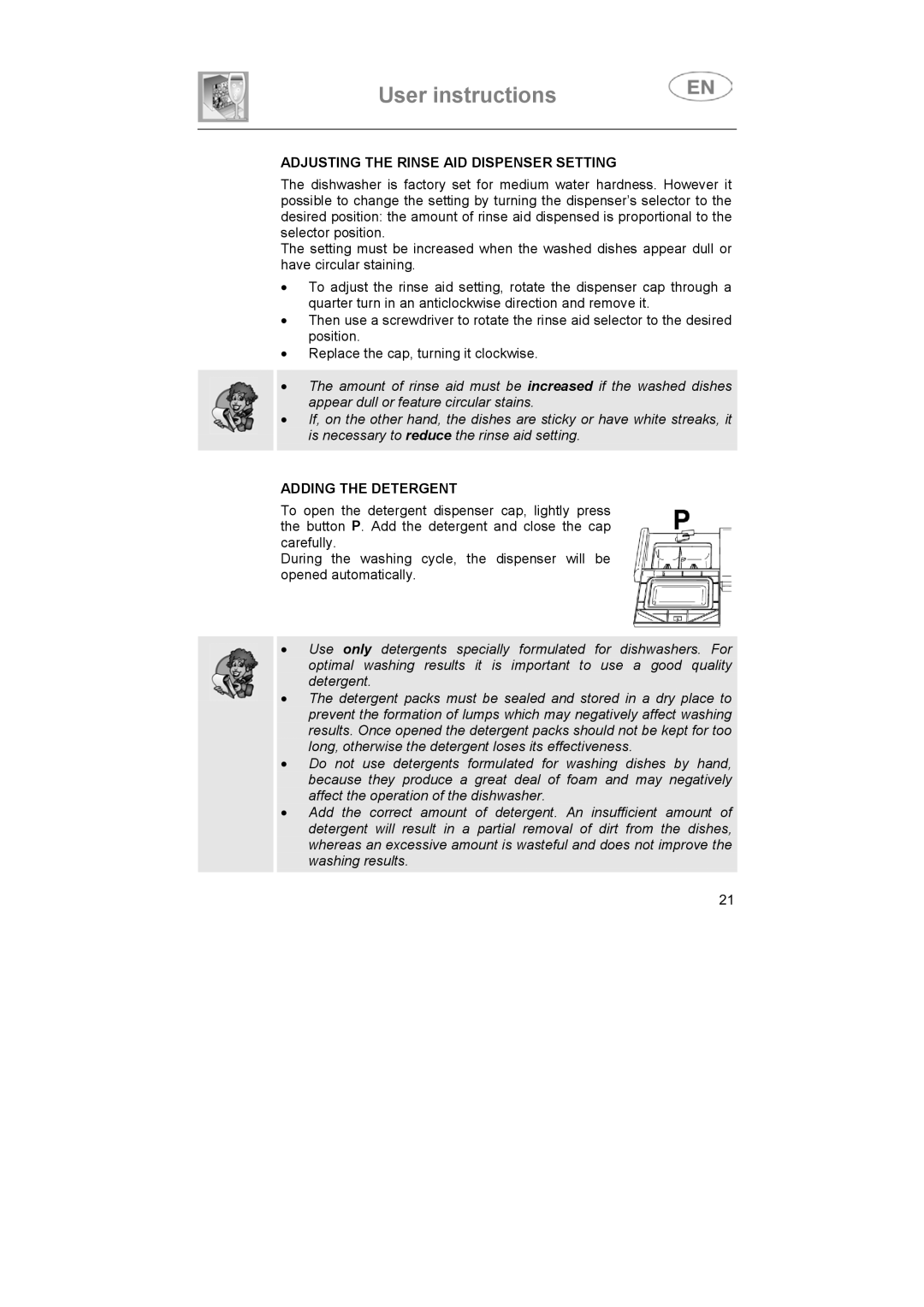 Smeg ST693-1 instruction manual Adjusting the Rinse AID Dispenser Setting, Adding the Detergent 