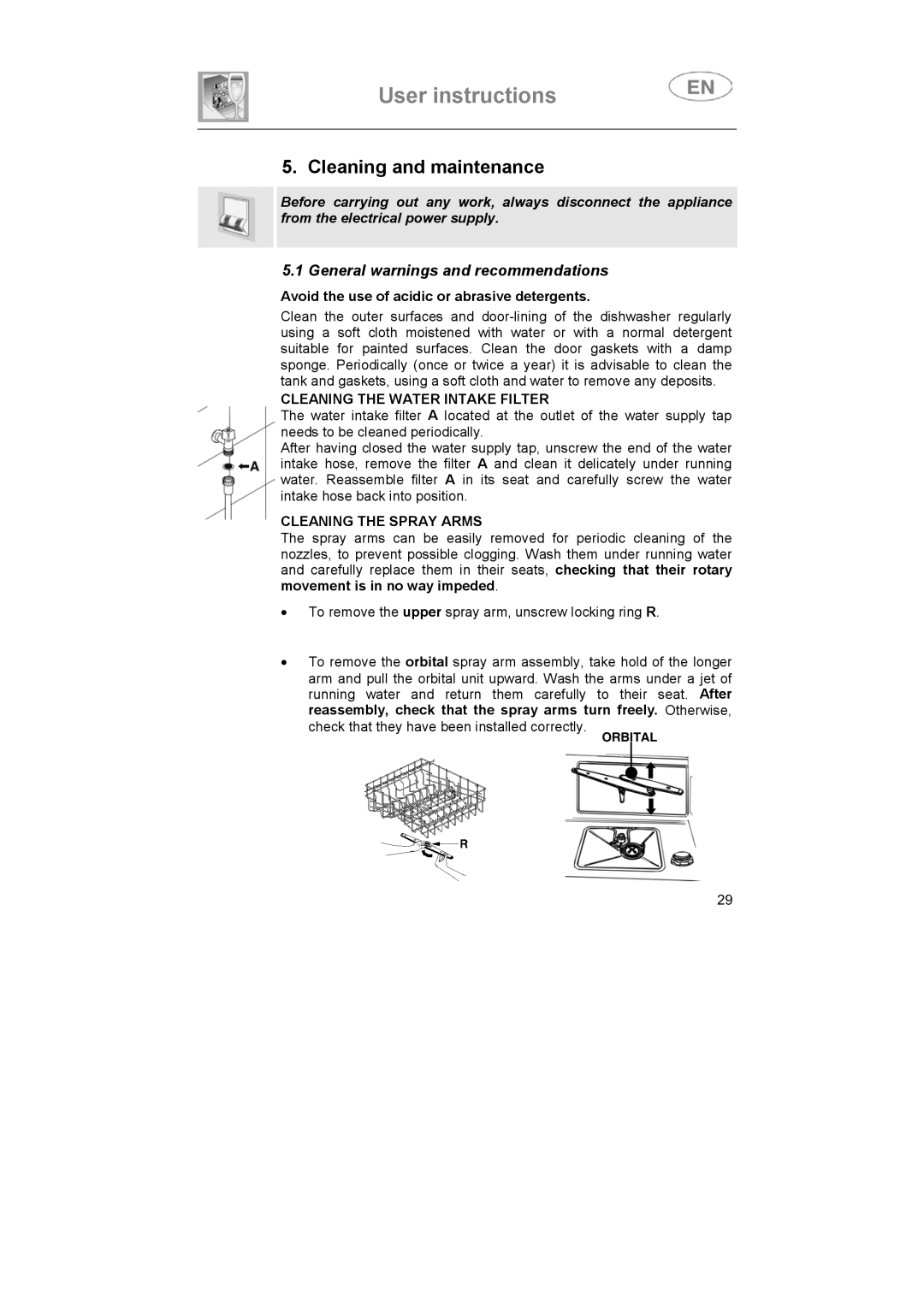 Smeg ST693-1 instruction manual Cleaning and maintenance, Cleaning the Water Intake Filter, Cleaning the Spray Arms 