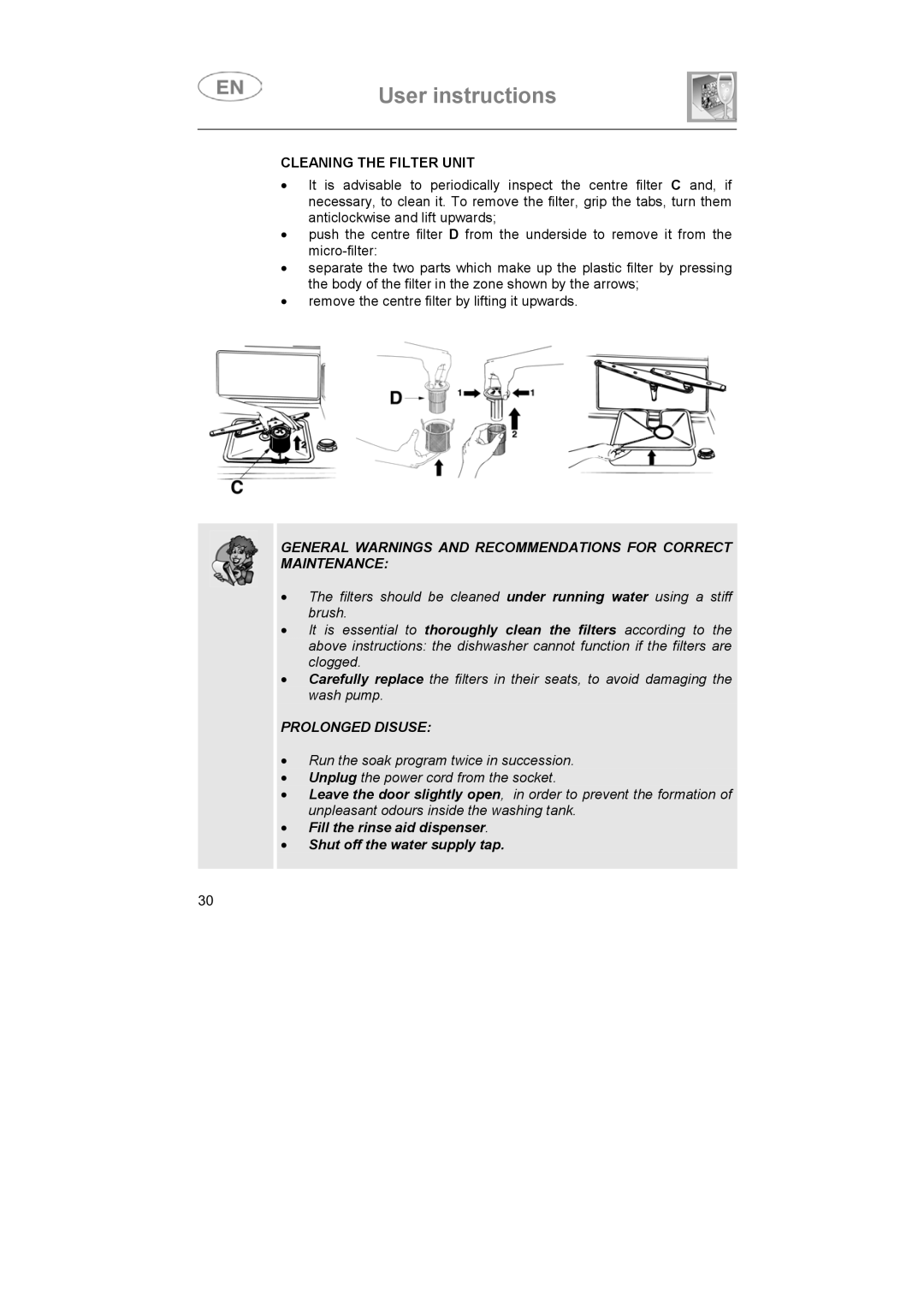 Smeg ST693-1 instruction manual Cleaning the Filter Unit, Prolonged Disuse 