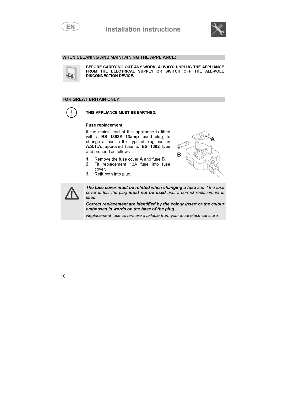 Smeg ST693-1 instruction manual When Cleaning and Maintaining the Appliance, For Great Britain only 