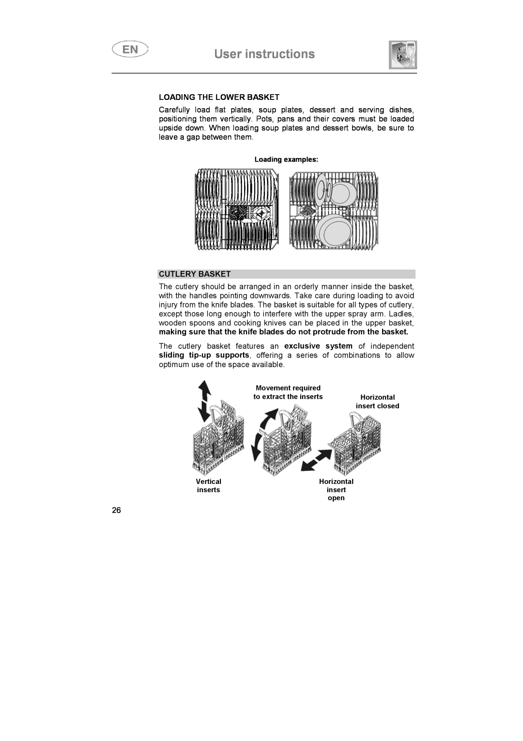Smeg ST693-1 instruction manual User instructions, Loading The Lower Basket, Cutlery Basket 