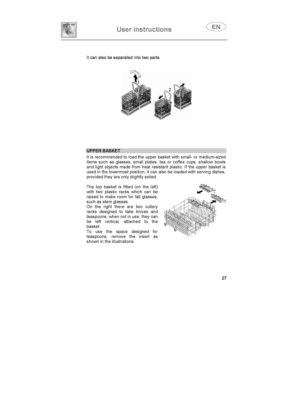 Smeg ST693-1 instruction manual User instructions, Upper Basket 