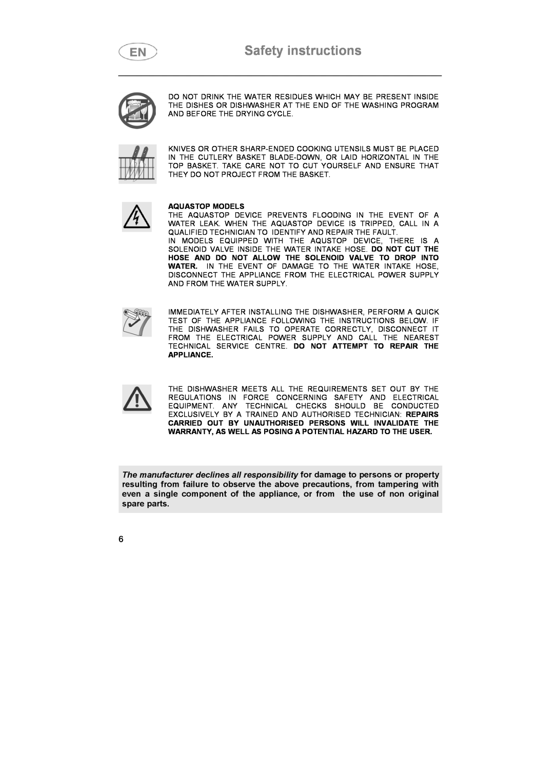 Smeg ST693-1 instruction manual Safety instructions, Aquastop Models, Appliance 