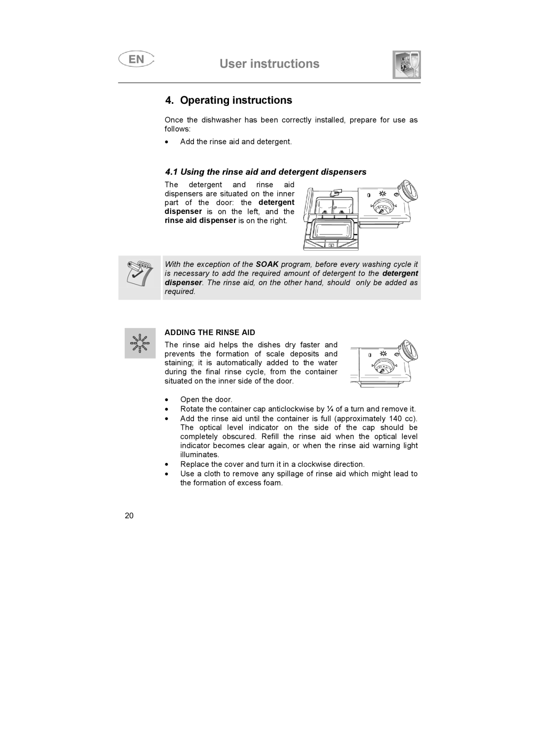 Smeg ST93P manual Operating instructions, Using the rinse aid and detergent dispensers, Adding the Rinse AID 